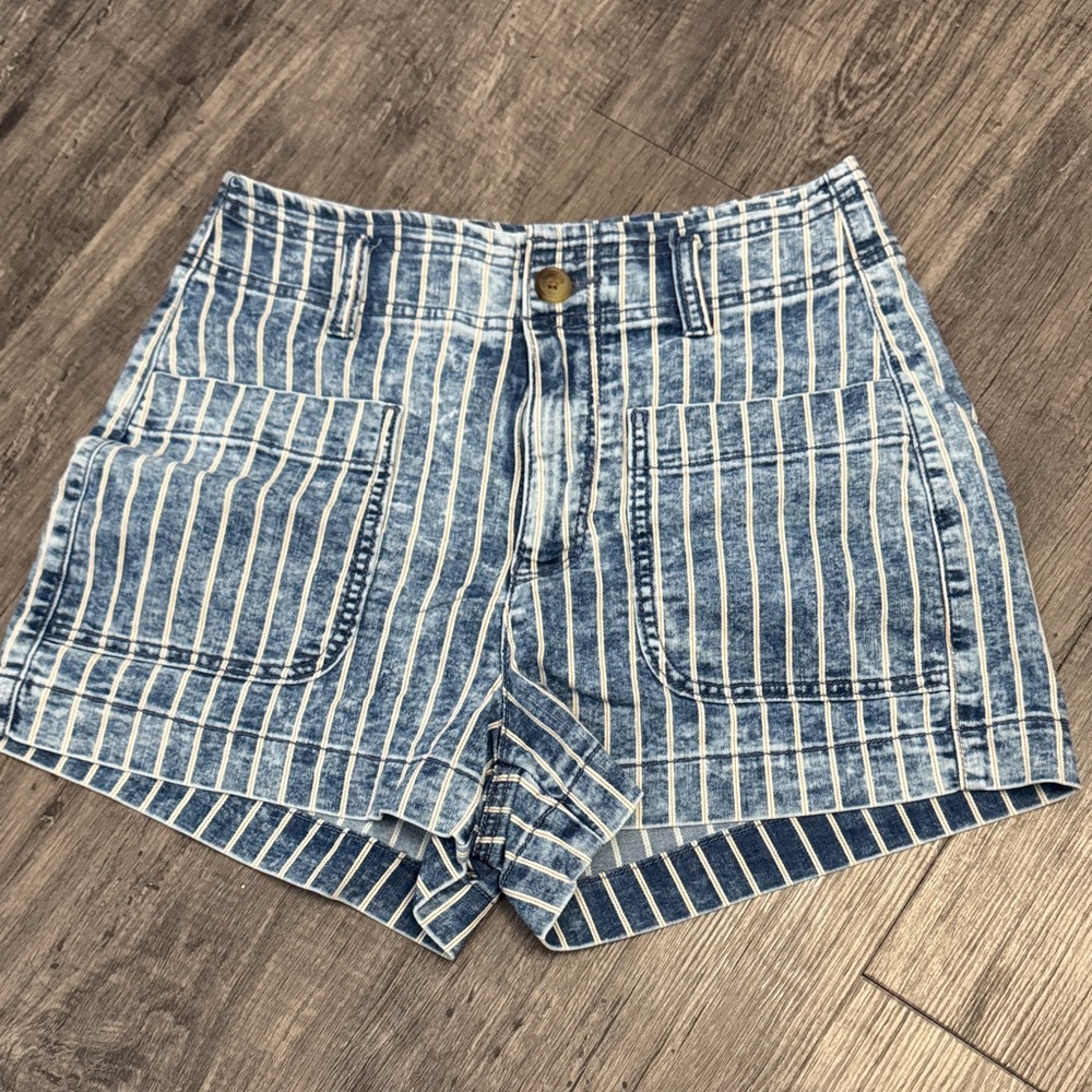 Striped Denim High-Waist Women’s Shorts - Blue